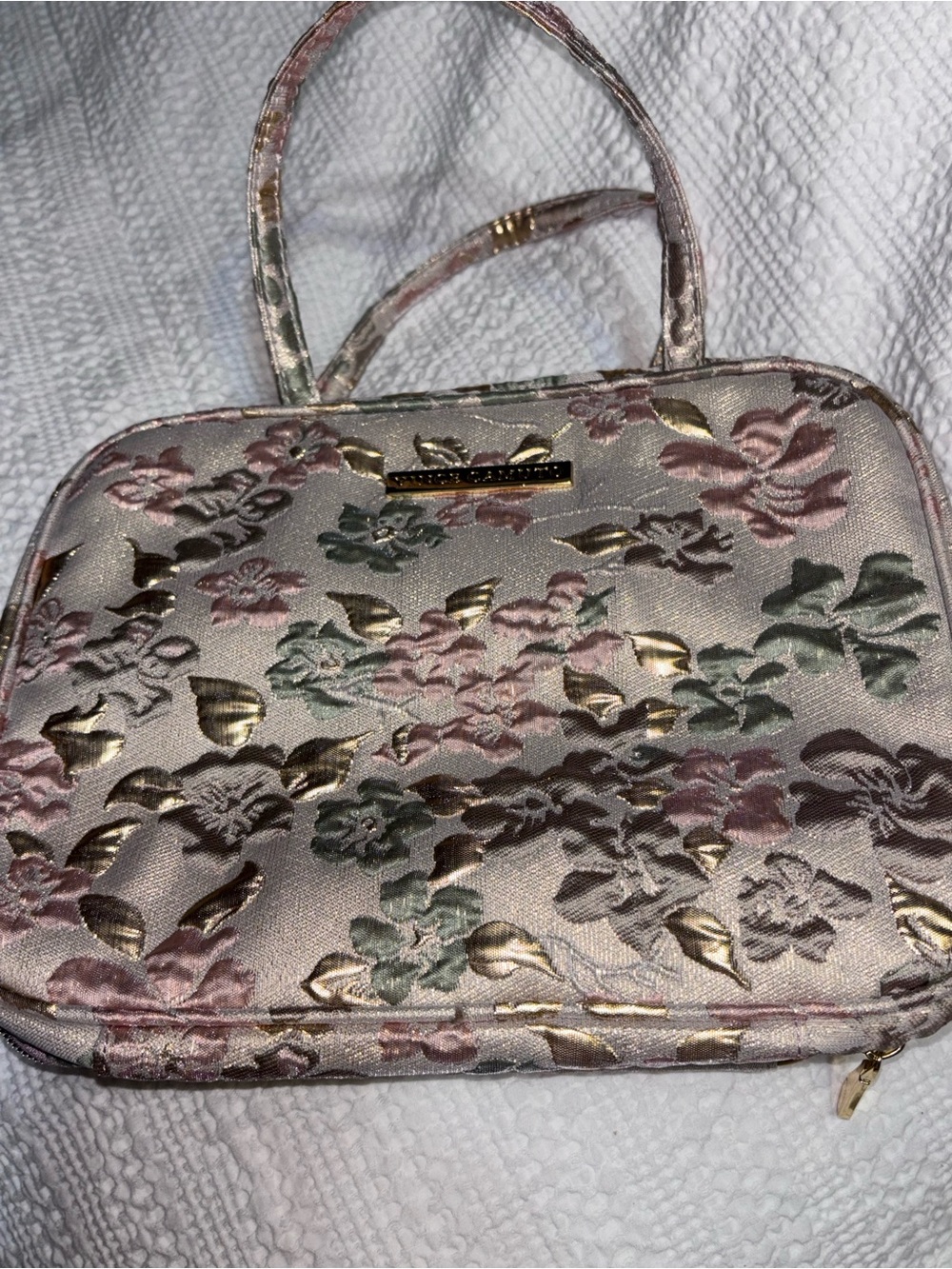 Vince Camuto Floral Jacquard Pink and Gold Women's Hanging Makeup Bag